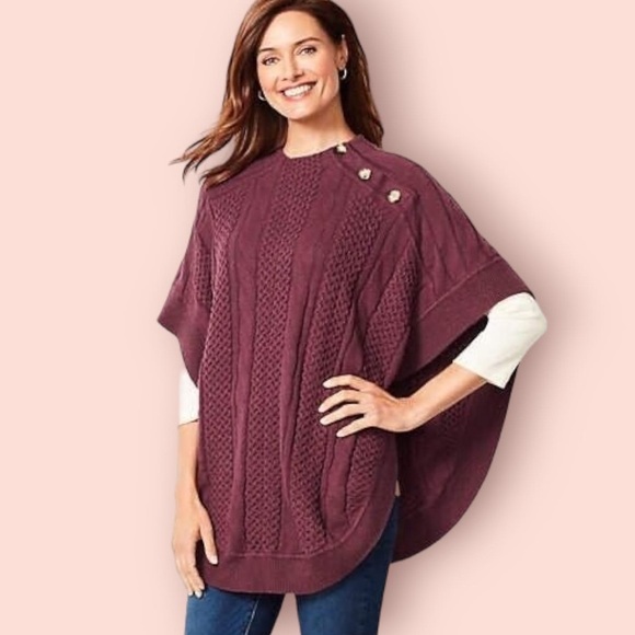 Talbots Cable Knit Button Collar Round  Hem Poncho, Size S - Picture 1 of 6